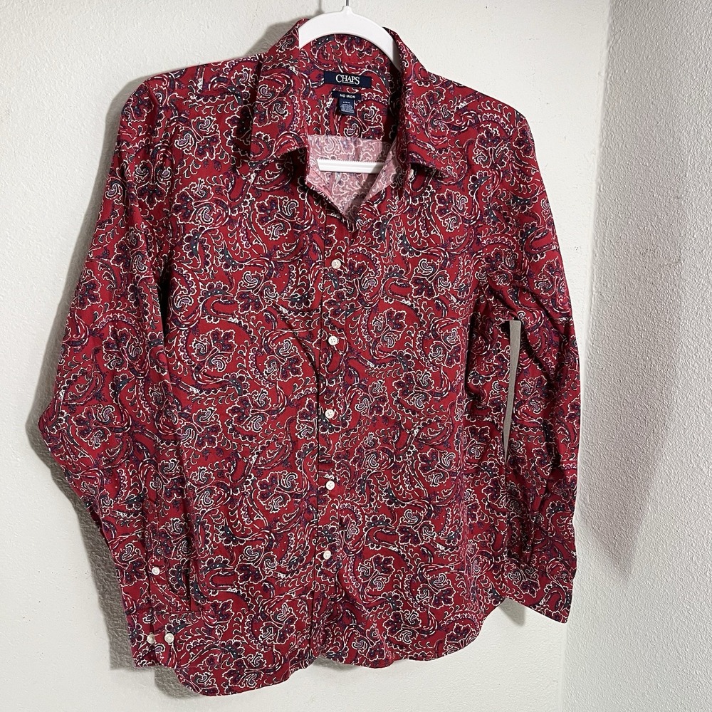Chaps Button Up Shirt Womens Large Red Paisley No Iron Long Sleeve Blouse Top